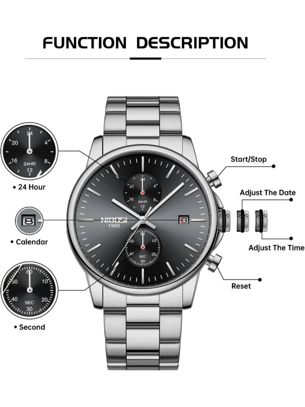 Men's Silver Black Stainless Steel Quartz Waterproof Day Date Casual Wrist Watch